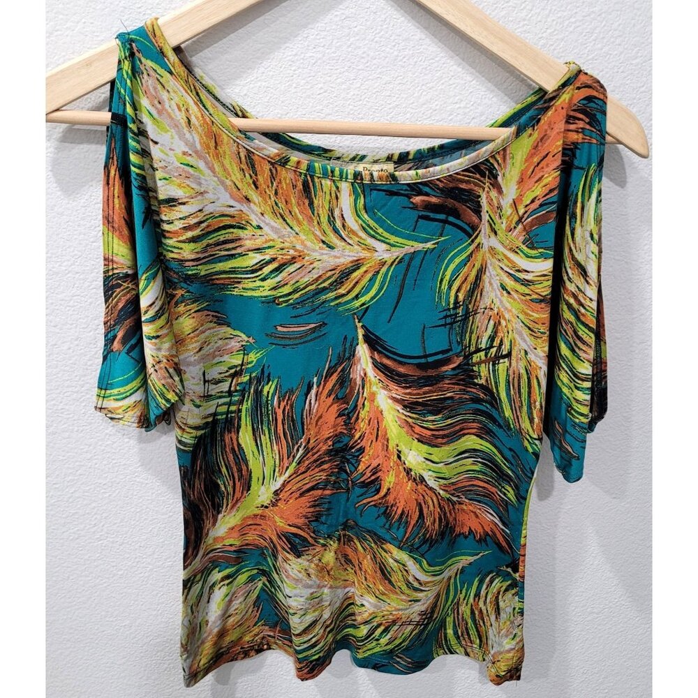 Pronto Womens Open Shoulder Top with Vibrant Teal & Orange Feather Print Size M